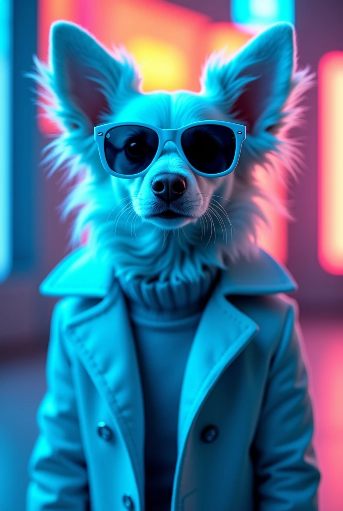 The best cell phone wallpaper, Award-Winning Wallpaper, portrait photography, In the front view is a portrait of a cute dog wearing mid-1960s space age fashion, Side view photo, Shot with Canon EOS R5, Set a strong contrast that accentuates the subject, Fluorescent blue tone, Wearing a very modern coat and sunglasses is a modern 1960s style, Clothes all in one color, beautiful background