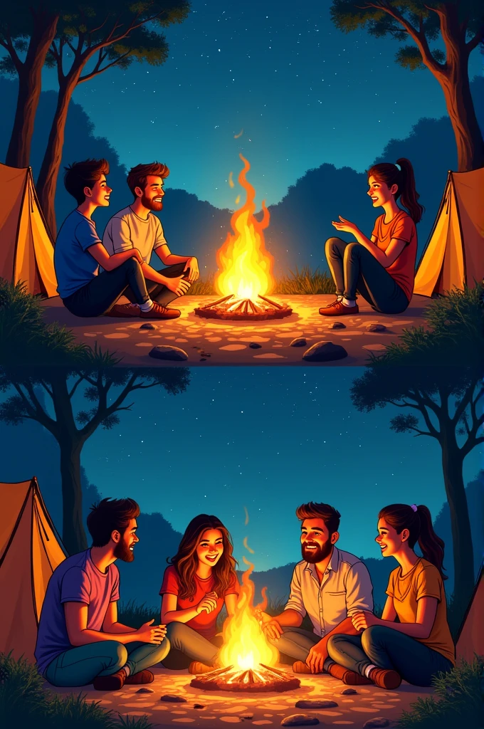 Give me a 2 panel comics and the 1st is theres a lot of person and they camping and the middle is the bonfire and next is the 2nd panel is theres 4 person talking in the middle of the bonfire