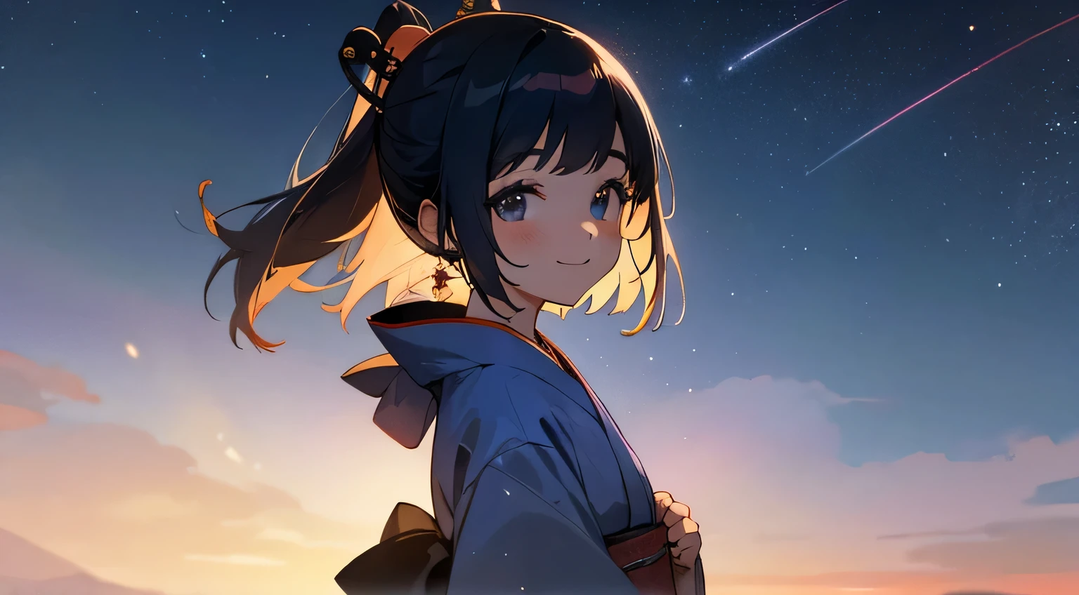 night sky,stars,smile,kimono,japanese girl