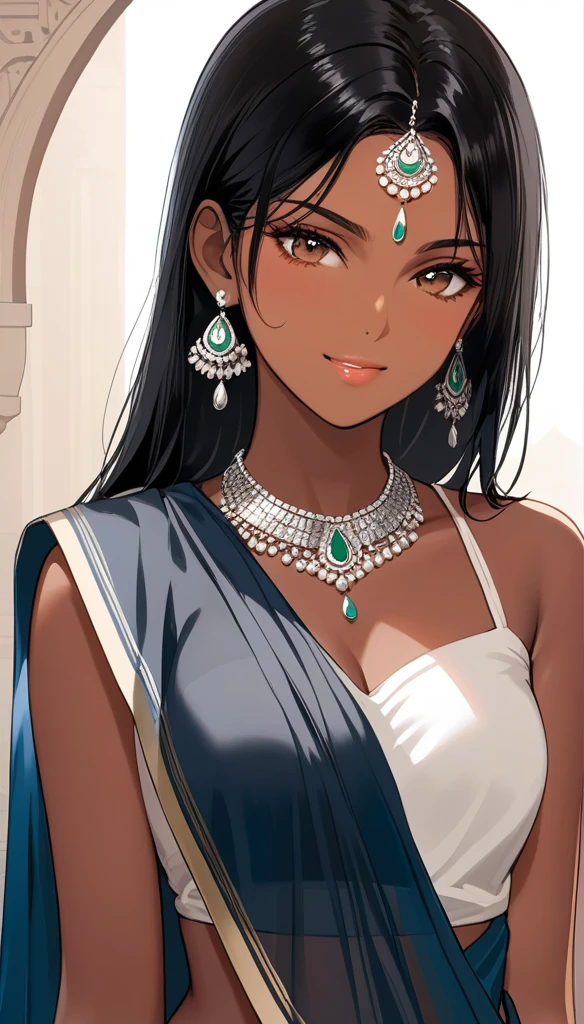 1girl,  female, flat chest,Indian religion, saree, armpits,sweaty,tall height, dark skin, smirk, Nose piercing, black hair,(masterpiece, best quality,highres), dark skin, dark skinned , saree indian , dupatta  without cloths , only jewellery ,makeup,long silver jhumka earrings 