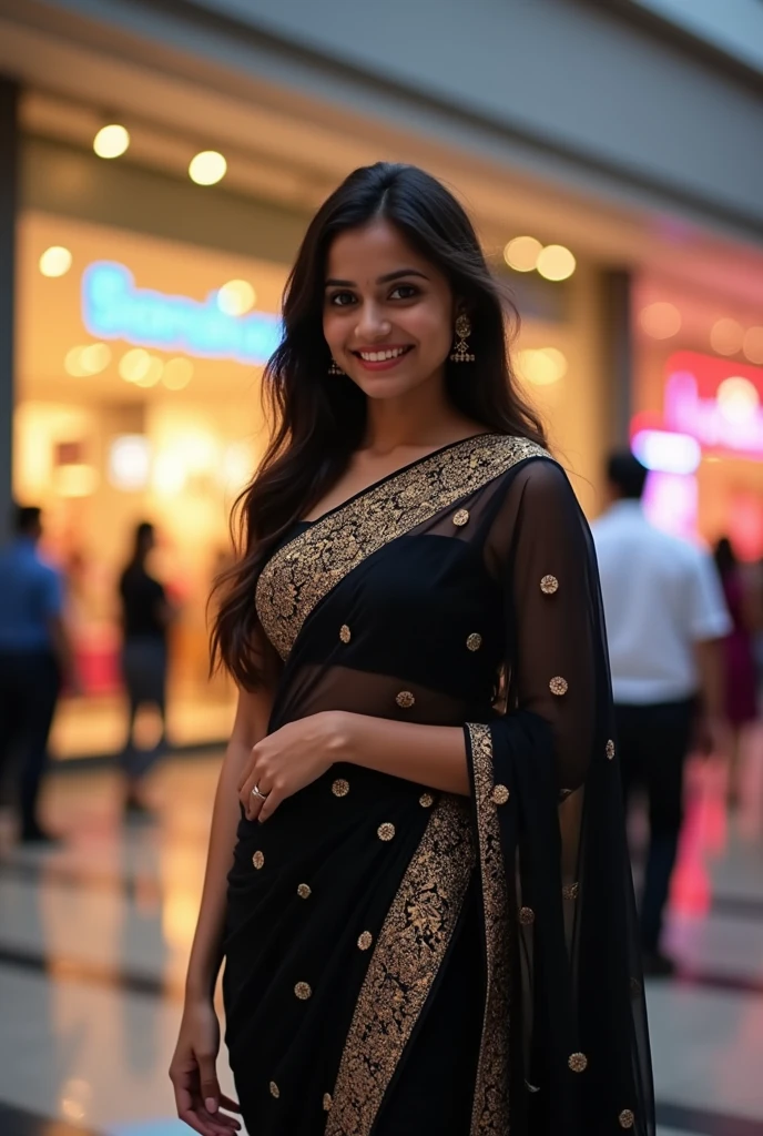 Indian girl in black Sare front of mall