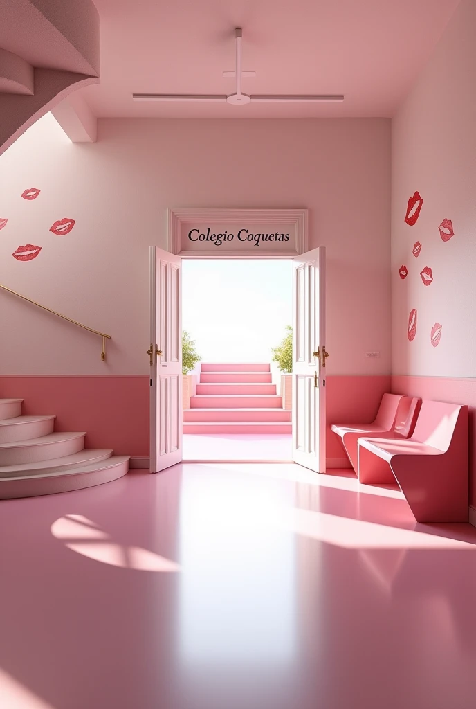 (photorealism:1.2)
In a pink and white classic school hallway, At the end of the hallway there's a pink big school open door that leads to the school inside yard, A sign that reads the words "Colegio Coquetas" is over that door, and many drawings of 💋 can be seen on the walls, outside there are pink school yard benches. It is empty outdoor. There's a stair way that leads to the second floor at left hand inside the hallway. There's no green nature outside, only white and pink painted concrete.
View: Over the shoulder perspective photo,
high resolution, masterpiece, best quality, intricate details, highly detailed, Hiperrealistic