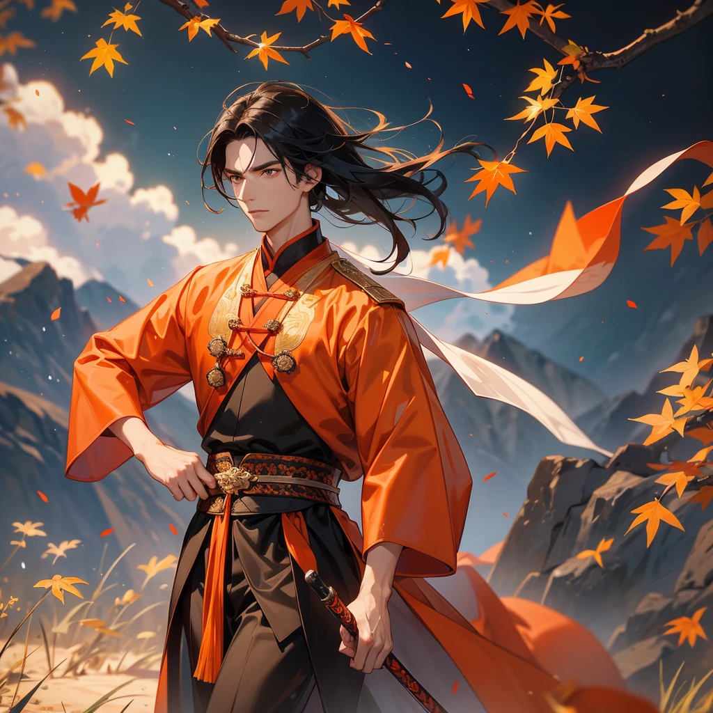 Handsome black-haired male general holding a large sword in ancient Chinese general costume, walking In the middle of a spring mountain ,the backdrop is a mountain that turns orange-red in spring, and maple leaves fall from the trees.