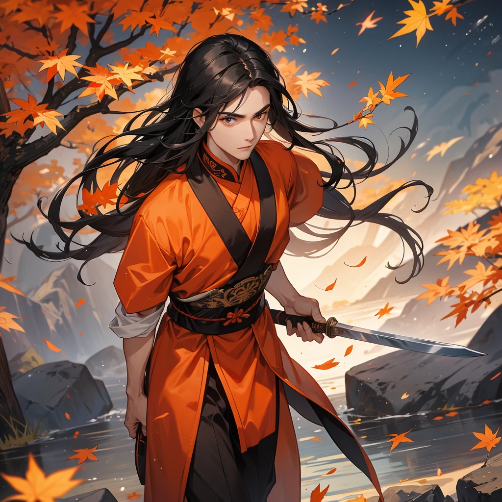 Handsome black-haired male general holding a large sword in  ancient Chinese general costume, walking In the middle of a spring mountain ,the backdrop is a mountain that turns orange-red in spring, and maple leaves fall from the trees.