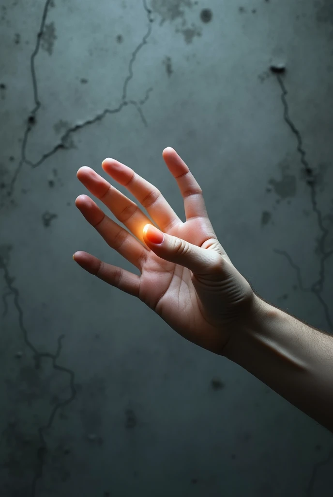 A human hand, seemingly made of a smooth, pale skin. The hand is extended, with the index finger emitting a soft glow. The background is a textured gray surface with visible cracks and patches. The hand appears to be reaching out or grasping the object with precision, suggesting advanced technology and dexterity.