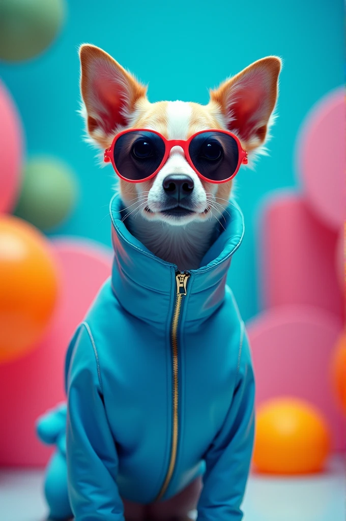 The best cell phone wallpaper, Award-Winning Wallpaper, portrait photography, In the front view is a portrait of a cute dog wearing mid-1960s space age fashion, Side view photo, Shot with Canon EOS R5, Set a strong contrast that accentuates the subject, Fluorescent blue tone, Wearing a very modern coat and sunglasses is a modern 1960s style, Clothes all in one color, beautiful background