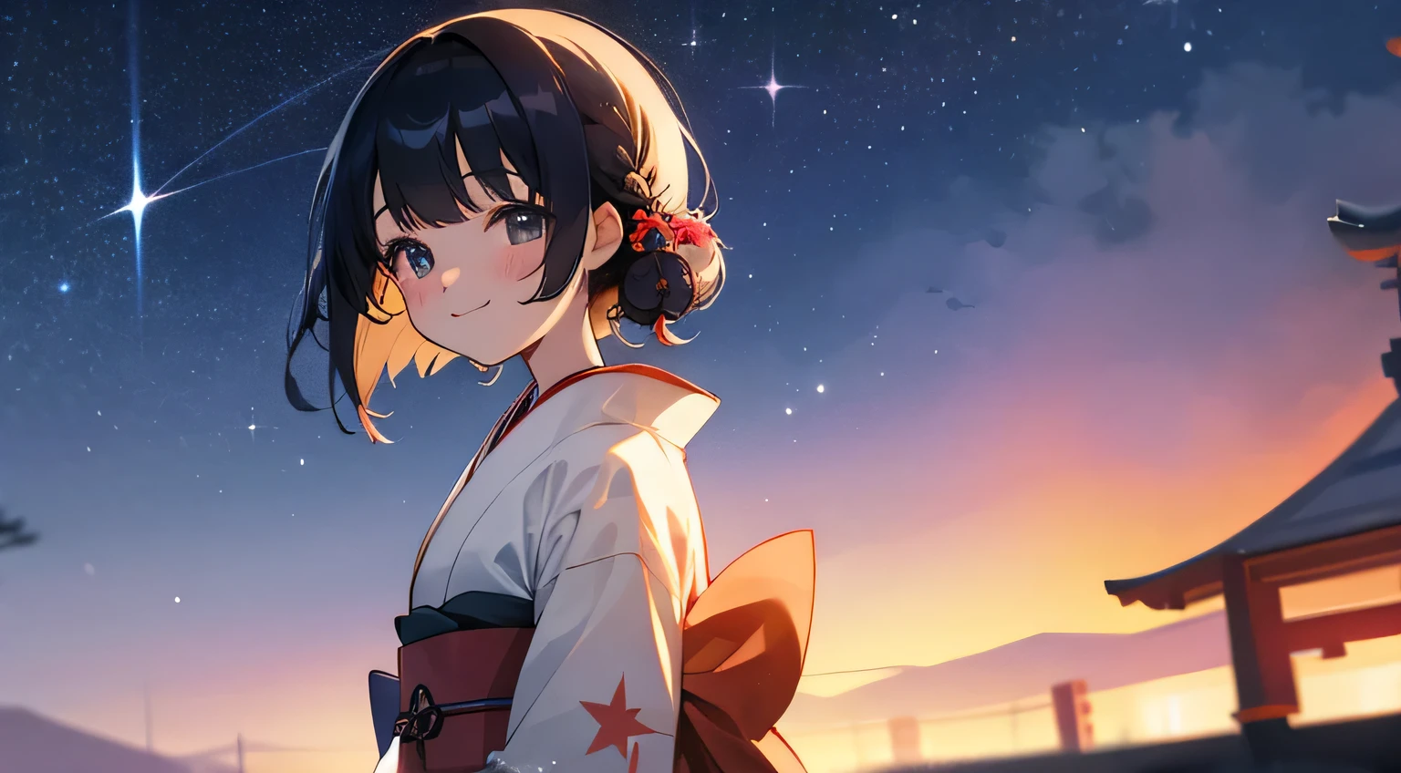 night sky,stars,smile,kimono,japanese girl