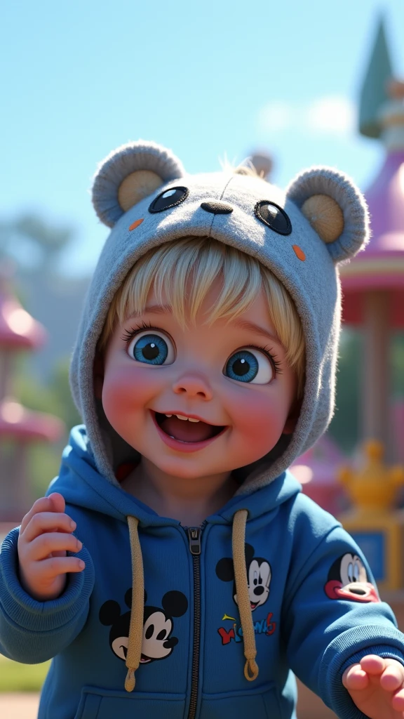  baby boy. He has light skin, short light blond hair with bangs. Blue eyes. He is smiling brightly. he is wearing a gray hat with bear face. He is wearing a blue hoodie with in mickey mouse aesthetics. Character should be colorful and have a fun, friendly look, with exaggerated, expressive features. Big expressive eyes and smiling mouth. Pixar style