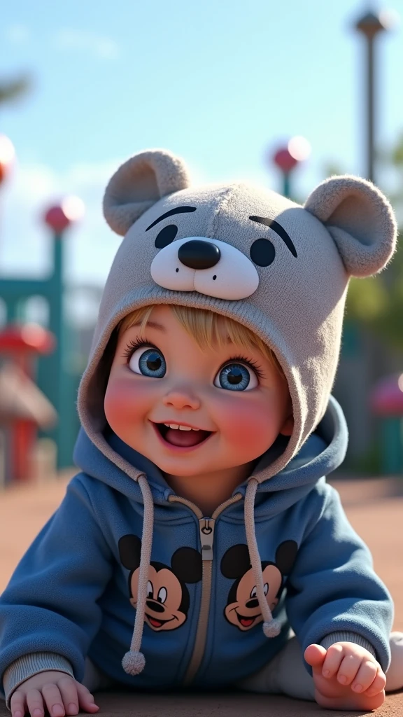 baby boy. He has light skin, short light blond hair with bangs. Blue eyes. He is smiling brightly. he is wearing a gray hat with bear face. He is wearing a blue hoodie with in mickey mouse aesthetics. Character should be colorful and have a fun, friendly look, with exaggerated, expressive features. Big expressive eyes and smiling mouth. Pixar style