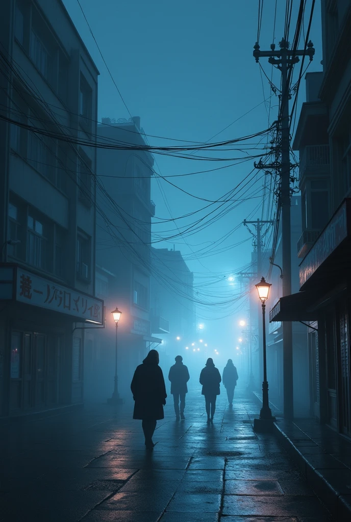 anime, realism, liminal space, foggy, few people, city