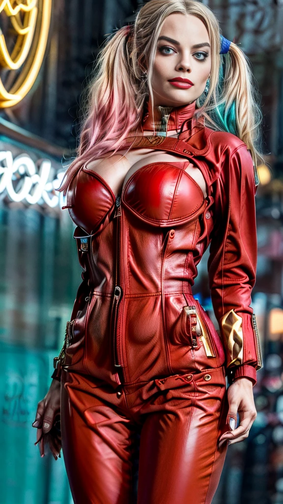 (Margot Robbie)Harley Quinn,Upper body shot,long curly blonde hair, gorgeous eyes, high arched eyebrows, seductive look,looking at viewer,big breasts,exposed cleavage,big hips(red leather front zipper  jumpsuit open to waistline:1.5), black leather pants, stilettos, midnight modern metropolis Paris France neon signs background, spot lighting, backlight on hair, shallow depth of field, bokeh, sexy pose(no nsfw images)