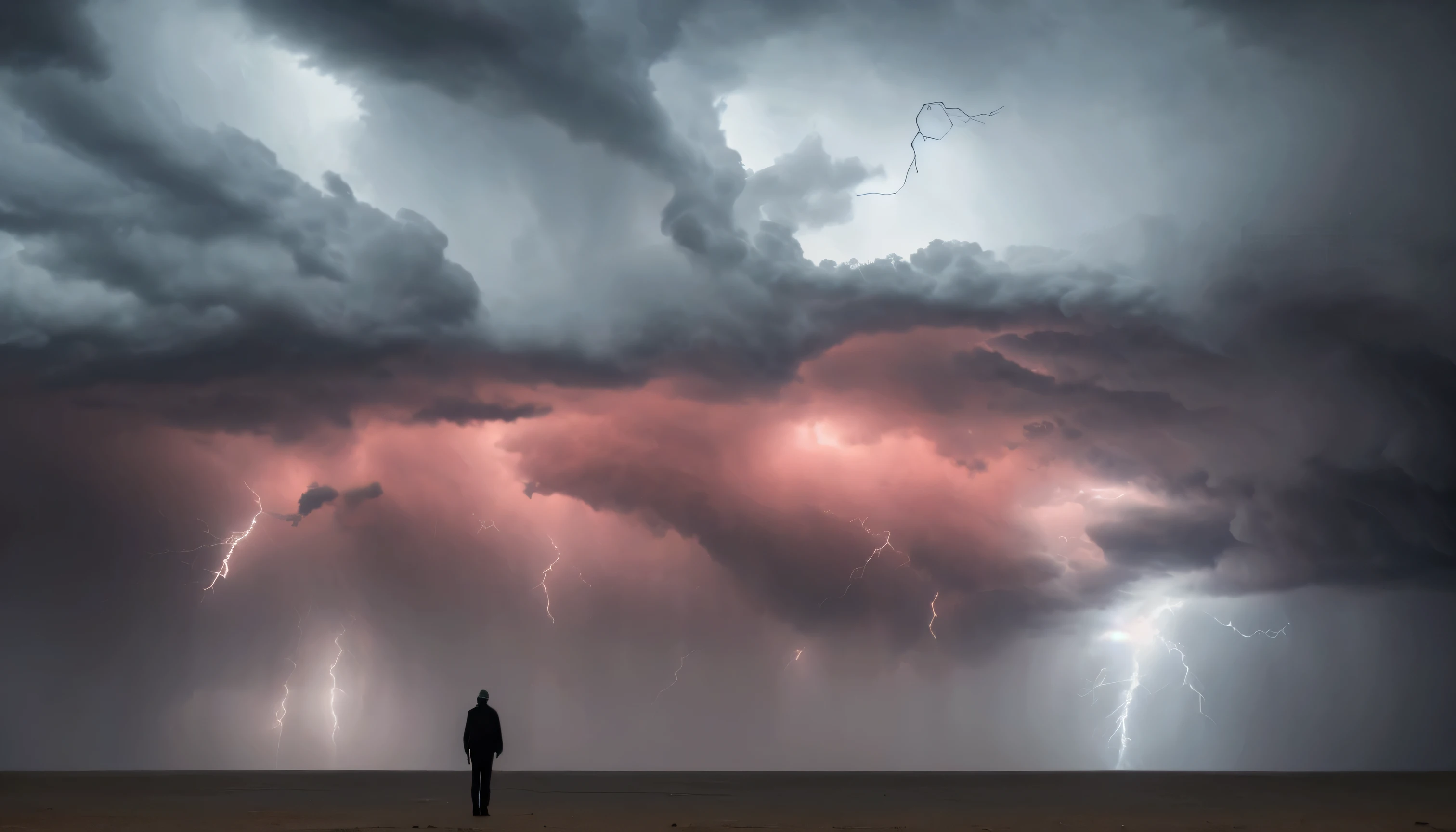 Man watching a gorgeous storm with lots of lightning and with an apocalyptic setting