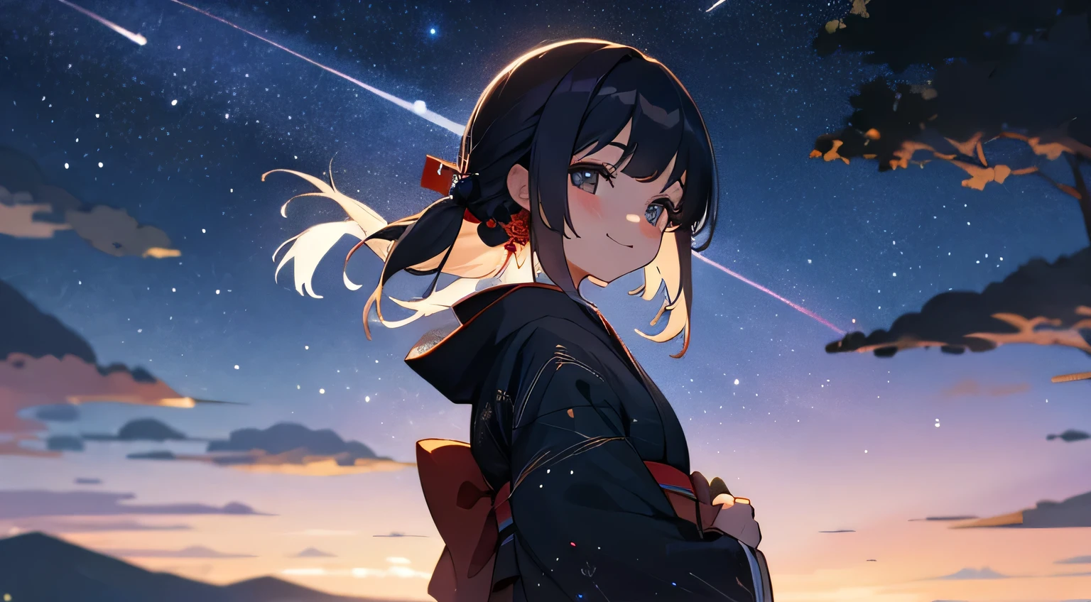 night sky,stars,smile,kimono,japanese girl