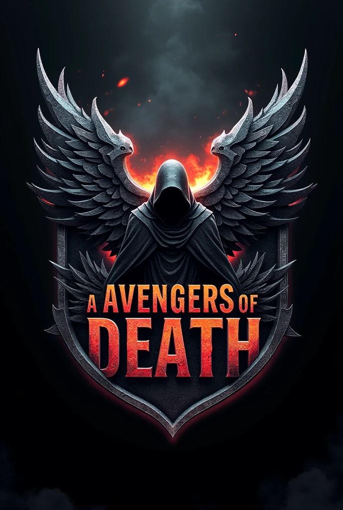 A guild logo for free fire written AVENGERS OF DEATH , that matches free fire and is well highlighted and eye-catching , pulling towards more of an angel of death style while at the same time being something very different from conventional 1x1