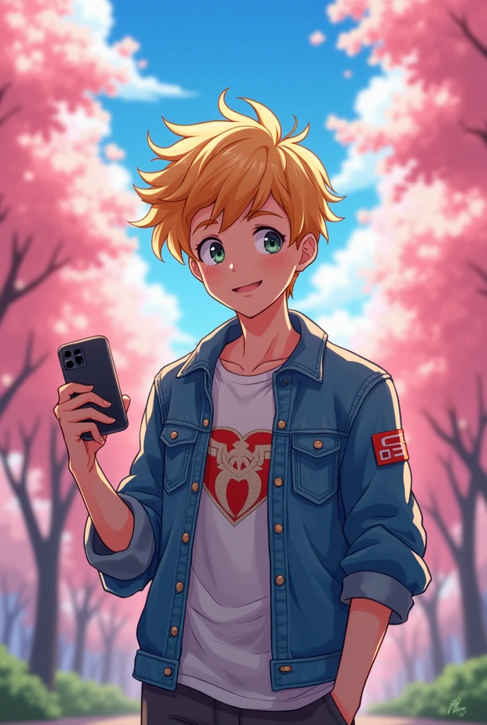 Cute handsome anime of boy with mobile charger in his hand