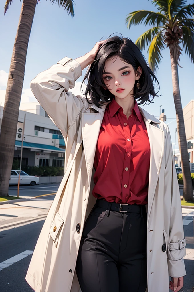 retro girl, short black hair, covering eyes, heterochromia eyes, pale skin, serious, black trench coat top, red dress shirt, stright dress pants, Miami, sunset, palm tree, 