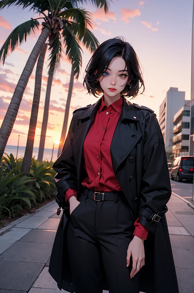 retro girl, short black hair, covering eyes, heterochromia eyes, pale skin, serious, black trench coat top, red dress shirt, stright dress pants, Miami, sunset, palm tree,