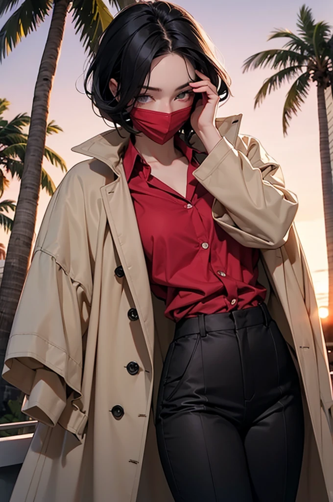 retro girl, short black hair, covering eyes, heterochromia eyes, pale skin, serious, black trench coat top, red dress shirt, stright dress pants, Miami, sunset, palm tree, 
