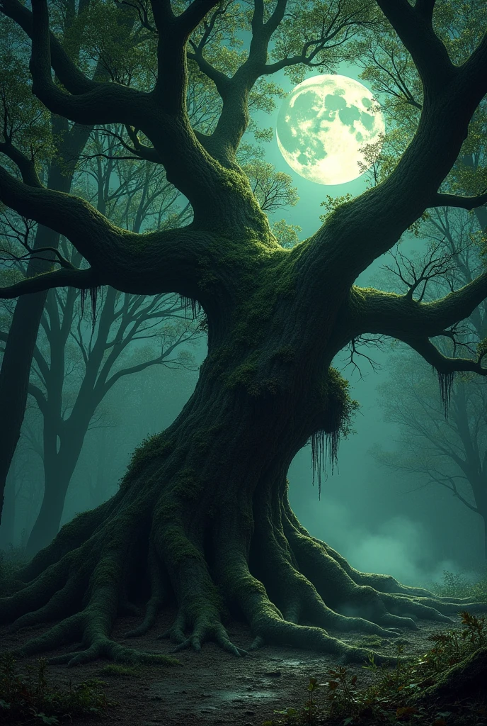 Make me a realistic image of a large crooked tree with large branches almost touching the ground covered in mold that gives off a mysticism in the middle of a dark forest lit only by the light of the full moon but still the environment looks dark.