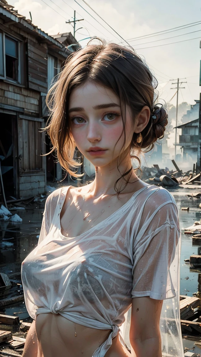 1 girl, Only One, (((Wet white shirt)))), ((no-good))))), exposed shoulders and entire navel, , ((((Retrato de Emily rudd)))), almost completely naked, NSFW, long and wet white t-shirt, (((private details delicate)), (((abandoned place, muck, land, dust, haze, natta, chilly, icy, dampness))))large breasted, (wet clothing showing the skin underneath), (Caucasian skin), pale skin, big green eyes, swollen breasts, portraite, professional quality, high resolution, perfect contrast, The lighting, perfect composition, Waifu, perfect skin, perfect hands, perfect fingers, perfect shaped breasts, perfect hair, face perfect