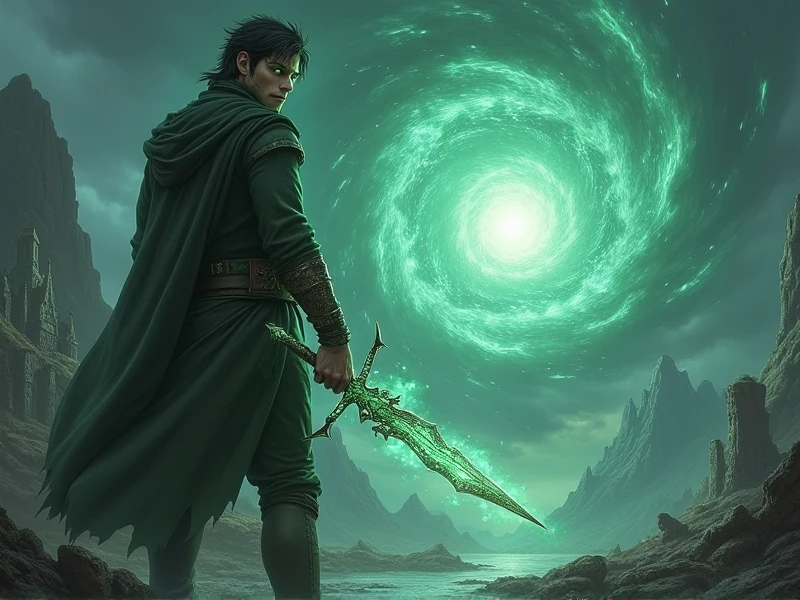 (photorealism:1.2), Background: The cover features a dramatic, fantasy landscape of a world shrouded in illusion. The backdrop includes a large, swirling vortex or veil, symbolizing the illusionary nature of the world. The landscape is a mix of mystical forests, ancient ruins, and shadowy mountains, with a faint, otherworldly glow permeating the scene.Foreground: In the foreground, the central figure is Riven Kael, depicted in a dynamic pose. He is dressed in rugged, battle-worn attire, reflecting his journey and struggles. His green eyes are intense, and his raven-black hair is slightly tousled, adding to his determined appearance.Details:Riven is shown wielding a prominent weapon, such as a glowing sword or staff, symbolizing his quest for power and vengeance. The weapon should have intricate designs and a radiant aura, emphasizing its significance.Surrounding Riven are subtle, ethereal elements like floating fragments of light, mystical runes, or ghostly figures, representing the illusion and magical aspects of the world.Color Scheme: The color palette includes deep, rich tones such as emerald green, midnight blue, and dark purple, contrasted with highlights of silver and gold. These colors should evoke a sense of mystery, magic, and danger.Text:The title, “Veil of Illusion: The Awakening,” is prominently displayed at the top or center of the cover in an elegant, fantasy-style font. The letters might have a glowing or metallic effect to stand out against the background.At the bottom or in a corner, include the author’s name in a smaller but matching font. You might also add a tagline or subtitle that hints at the novel’s themes, such as “Betrayal, power, and revenge in a world of illusions.”Overall Mood: The cover should convey a sense of epic fantasy and high . The imagery should intrigue and captivate potential readers,