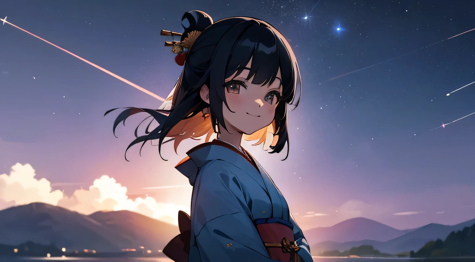 night sky,stars,smile,kimono,japanese girl