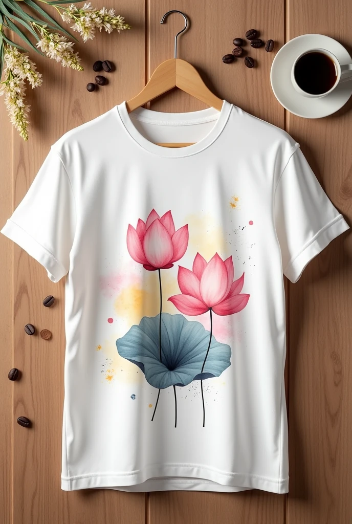 mockup of a loose white T-shirt with 2 pink lotus flowers drawn on the chest, 3D embossed on a lotus leaf in pastel watercolor pink, yellow, and blue, with broken color streaks. Brown wooden background, deco with a few rice flowers, coffee beans, and coffee cups