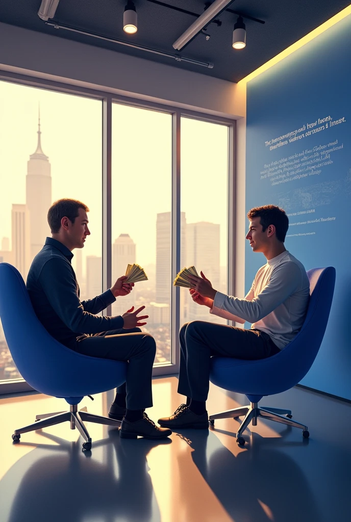 Mark Zuckerberg and Eduardo Saverin counting money sitting on chair. With the background of Facebook