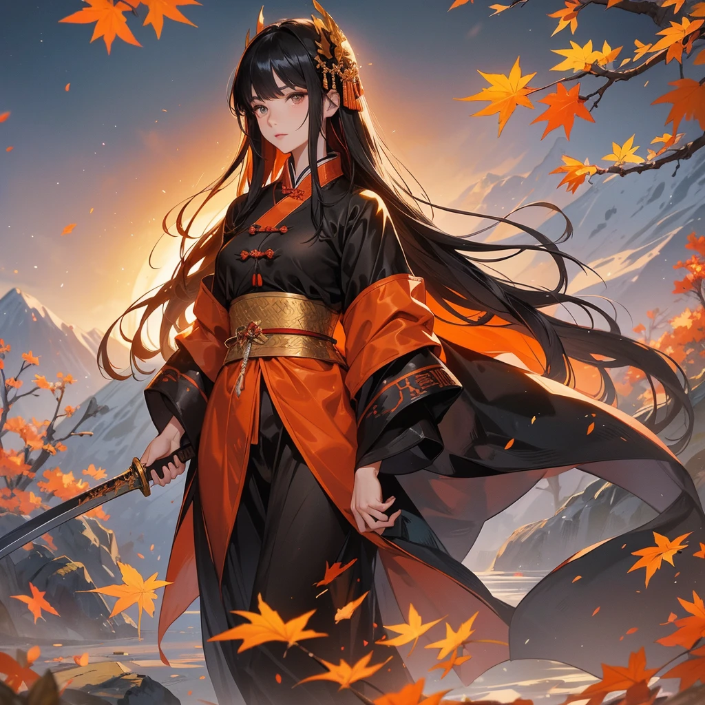 beautiful woman black-haired male general holding a large sword in ancient Chinese general costume, walking In the middle of a spring mountain ,the backdrop is a mountain that turns orange-red in spring, and maple leaves fall from the trees.