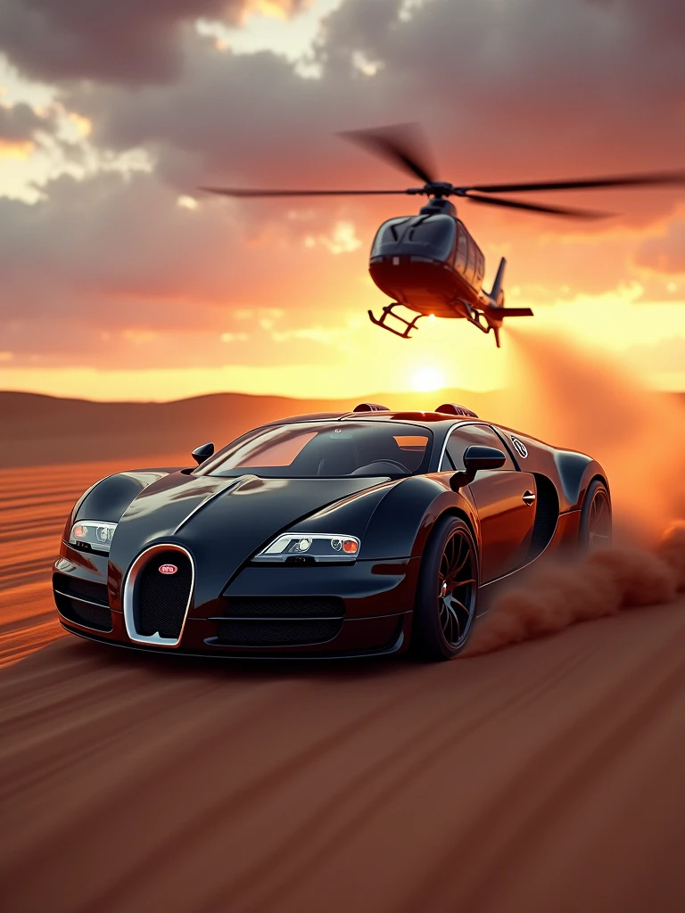 A stunning 3D render of the Bugatti Veyron speeding along a sandy road, with a police helicopter in hot pursuit. The luxurious black car is depicted with striking details, including its sleek design and glossy finish. The helicopter is shown from a low angle, capturing its menacing intent as it trails the high-speed vehicle. The desert landscape surrounding them is vast and barren, with a touch of dusk light illuminating the scene. The overall atmosphere is tense and thrilling, as if you're witnessing a high-stakes chase., 3d render