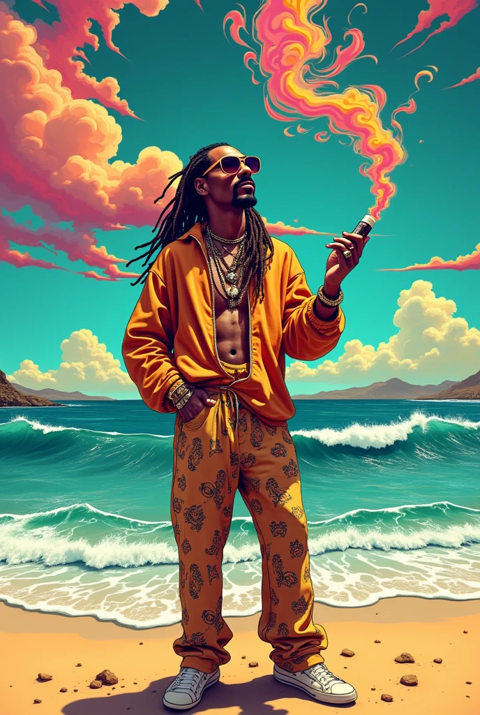 Snoop Dogg holding a cannabis joint in the air. 420 artwork for the grove cannabis shop. a shop by the beach, retro psychedelic weed illustration, liquid, psychedelic artwork, in illustration style digital, extremely high quality artwork, estilo de arte impressionante, arte do Adobe Illustrator, visionary art style, psychedelic acid trip, estilo de arte vetorial, Psychedelic style nano-infused Vibrant colors, swirling patterns, surreal,