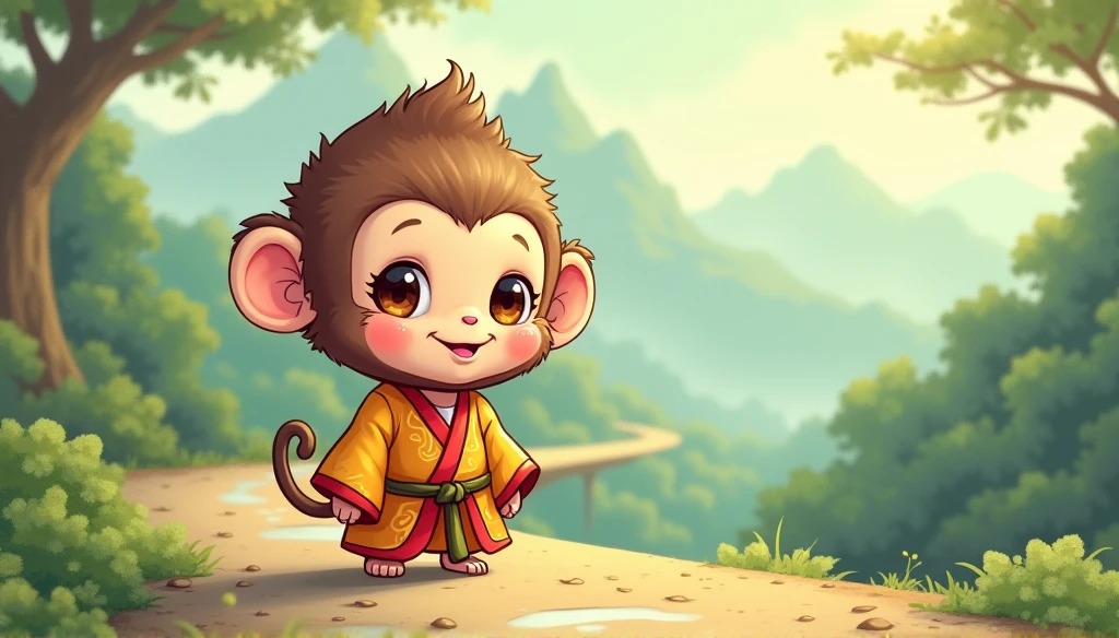 Fluffy little monkey, smile, Big eyes, Wearing Taoist clothing, standing on the side of the road, antique style, Snes drawing