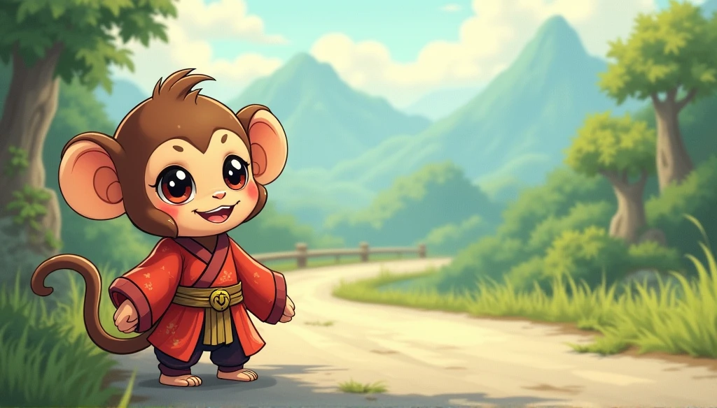 Fluffy little monkey, smile, Big eyes, Wearing Taoist clothing, standing on the side of the road, antique style, Snes drawing