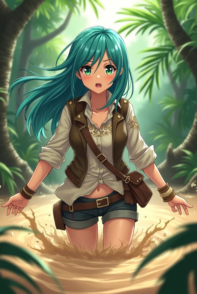 Draw a female anime character who is trapped in quicksand