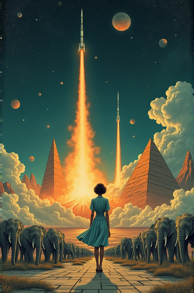 ((best quality)), ((masterpiece)), (detailed), ((perfect face)), surreal, art nouveau, in the illustrative style of moebius, fantasy, sci-fi, graphic novel, line drawing, french retro, vintage, elegant, chic, sophisticated, pyramids, elephants, rocketships, nighttime, volcano, eruption, crowds,