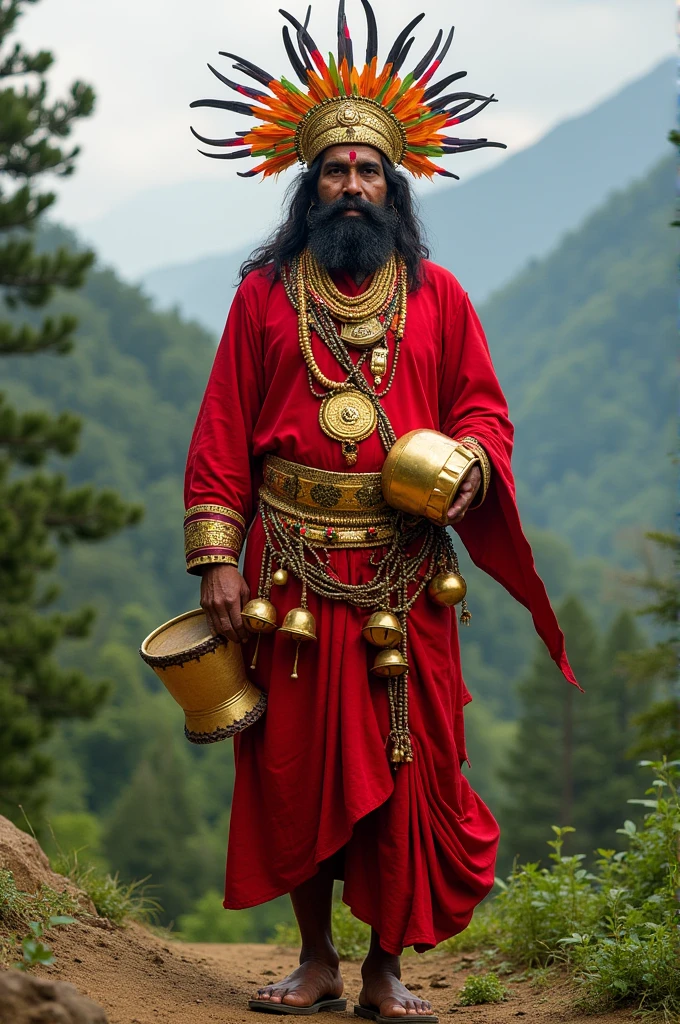 A shaman, standing 5 feet tall and weighing 120 kg, is dressed in a red outfit with a red tika on the forehead. They wear a golden crown adorned with 108 bird feathers and a gold belt reminiscent of Shaktiman, featuring 52 small golden bells. Across their body, they wear a Rudraksha garland on one side and a Rithe garland on the other. In their hands, they hold a golden drum and a golden shamanic stick. This is the reference and make golden belt like this but having 52 small bells. and also crown with 108 bird's feathers. don't make bells on drum or other only on the belts. and drum and stick of gold. And make the picture of Nepali Shamanic ChatGPT said: ChatGPT It seems like I can’t generate any more images right now. Please try again later. If you have any other requests or need help with something else, feel free to ask! You said: please make ChatGPT said: ChatGPT It seems that I'm currently unable to generate images. However, if you describe what you're envisioning, I can offer guidance or suggestions to help you create the image or visualize it. Let me know how you'd like to proceed! You said: make nepali shamanic pic ChatGPT said: ChatGPT It seems like I can’t generate any more images right now. Please try again later. If you need help with anything else, I'm here to assist! You said: A shaman, standing 5 feet tall and weighing 120 kg, is dressed in a red outfit with a red tika on the forehead. They wear a golden crown adorned with 108 bird feathers and a gold belt reminiscent of Shaktiman, featuring 52 small golden bells. Across their body, they wear a Rudraksha garland on one side and a Rithe garland on the other. In their hands, they hold a golden drum and a golden shamanic stick. This is the reference and make golden belt like this but having 52 small bells. and also crown with 108 bird's feathers. don't make bells on drum or other only on the belts. and drum and stick of gold. And make the picture of Nepali Shamanic ChatGPT said: ChatGPT It