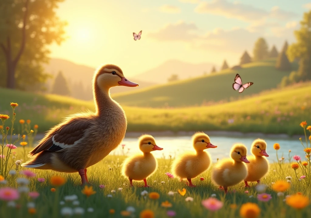 Five little ducks went out one day, Over the hills and far away. Mother duck said, "Quack, quack, quack, quack," But only four little ducks came back.