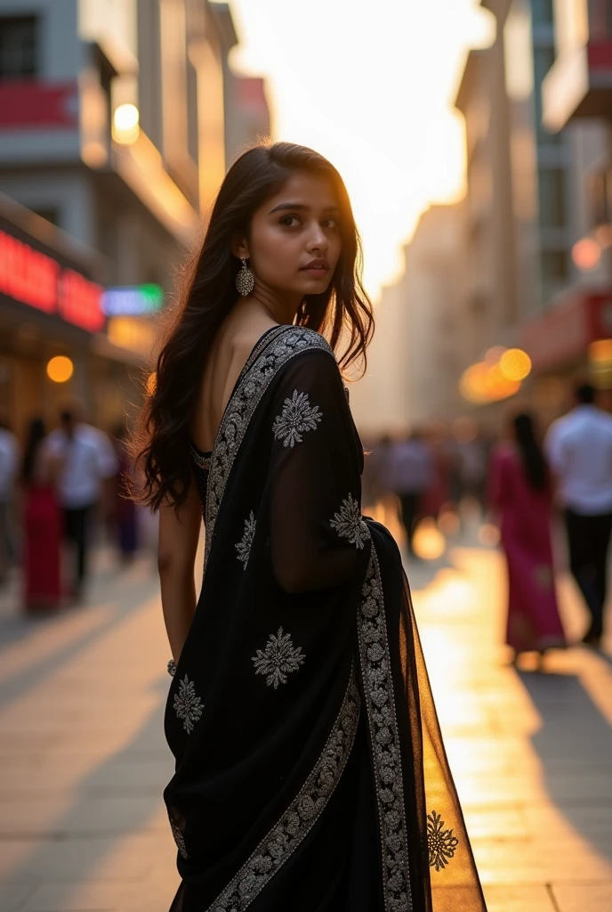 Indian girl in black Sare side facing in front of mall