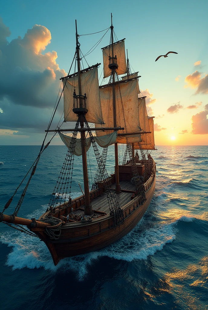 Empty deck of pirate ship with tattered sails and ocean view