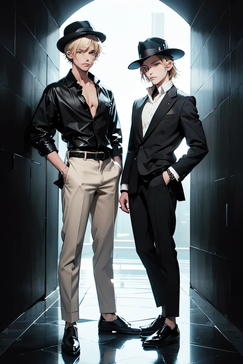 anime twin males with (blonde hair), wearing (button up shirt) and (dark pants), wearing (black fedora hats) and (black and white dress shoes), musicians; (((Best quality))) master piece vector illustration; anime character in sharp focus; detailed and vibrant anime face;  character design; beautiful and vibrant digital art, hyperdetailed; overexaggerated features; Dynamic Lighting; Volumetric Lighting in 8k, Ultra Sharp Focus; intricate Artwork Masterpiece
