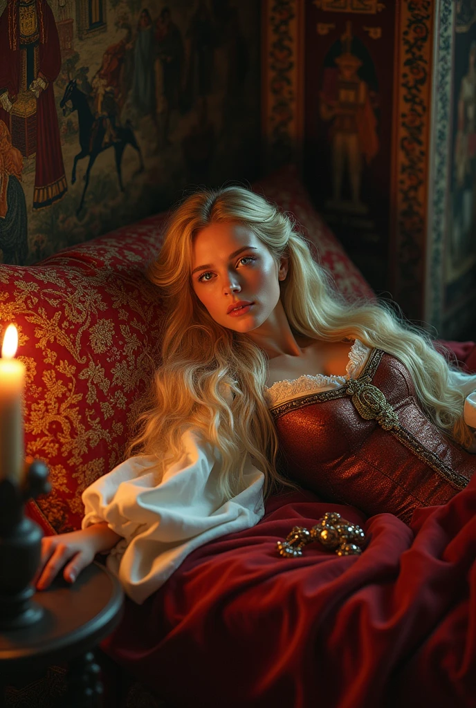Beautiful medieval queen blonde hair blue eyes, on a bed naked, waiting for the king