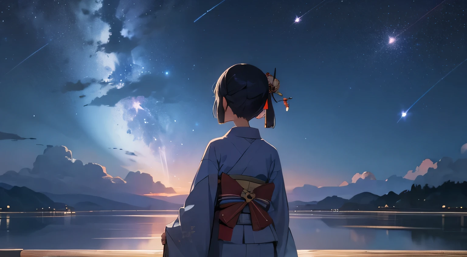 night sky,stars,smile,kimono,japanese girl,back view