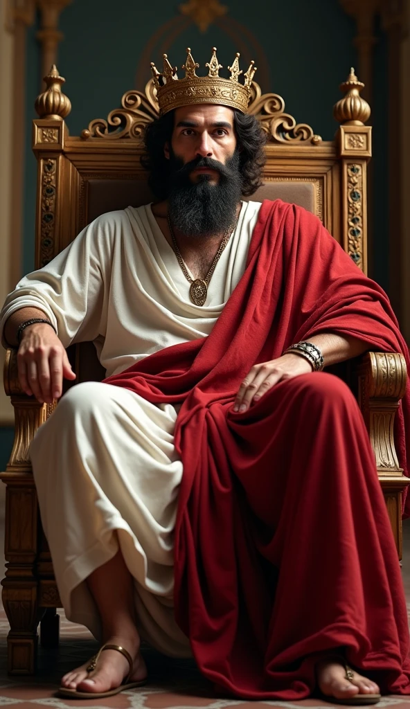 Front view , View your viewers, about AD 30 years, 1 person ,(His name is Herod アンティパス), the king of the Jews, He is Arab and 50 years old, (Dark brown curly hair, Brown eyes,He has a beard and curled moustache under his nose and on his chin, serious) ,middle body, (Gold crown), (Ionic nobles of the Roman Empire-Wearing a white tunic), (Red Toga, One-shoulder robe:1.3), ancient Sandals, Sitting gorgeous king Chair, in the palace , night , HI Detail Skin, (Shorthand, Canon, 8k, Anatomically correct, Super Detail, Attention to detail, Your Highness)