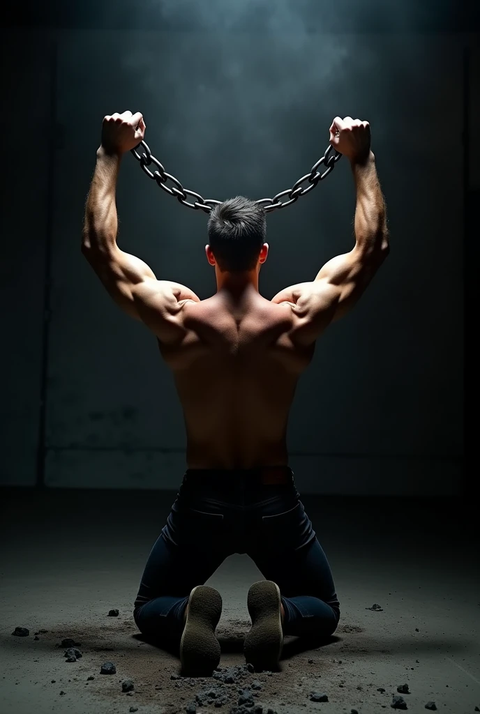 Create a social media profile picture of a man with an aesthetic physique, positioned on his back and shirtless. The environment must have low lighting, almost dark, to create an atmosphere of mystery and intensity. The character must be on his knees with his arms up and his back to the viewer., breaking a chain coming from the ground in half with his hands, conveying a sense of strength and determination. He must have a firm stance, with a serious and cold expression, without your face being visible. Use a dark color palette, predominantly black and gray, to emphasize the dramatic tone of the scen.Wolf