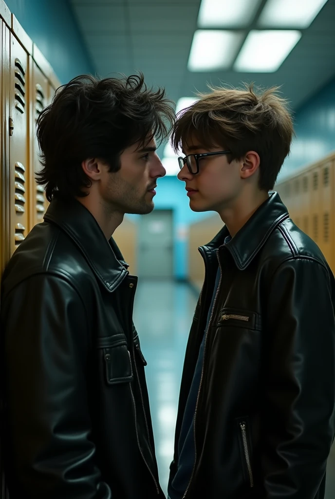 Sexy bully boy seducing a cute nerdy boy