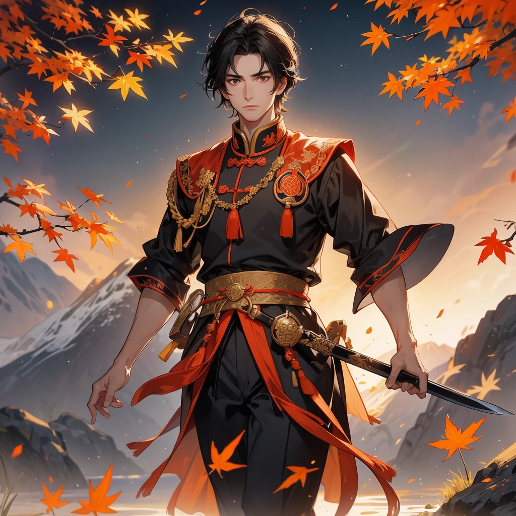 Handsome black-haired male general holding a large sword in ancient Chinese general costume, walking In the middle of a spring mountain ,the backdrop is a mountain that turns orange-red in spring, and maple leaves fall from the trees.