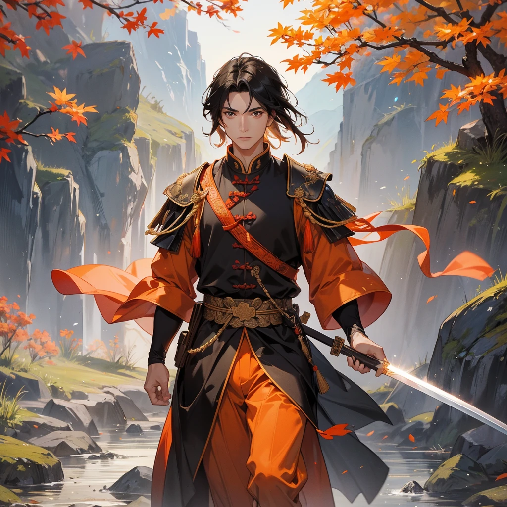 Handsome black-haired male general holding a large sword in ancient Chinese general costume, walking In the middle of a spring mountain ,the backdrop is a mountain that turns orange-red in spring, and maple leaves fall from the trees.