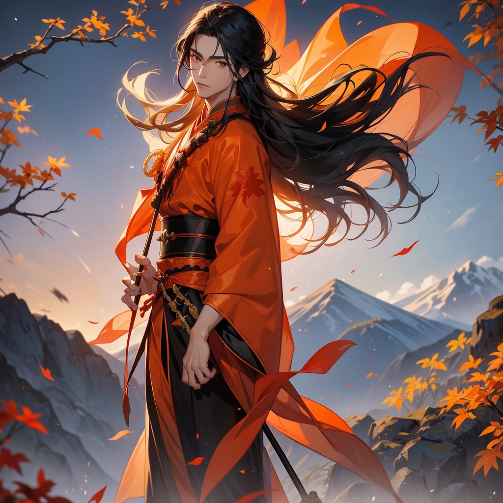 Handsome black-haired male general holding a large sword in ancient Chinese general costume, walking In the middle of a spring mountain ,the backdrop is a mountain that turns orange-red in spring, and maple leaves fall from the trees.