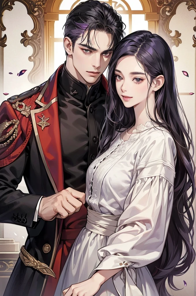 Couple, masterpiece, best quality, realistic, man, mature male with lavender hair and female with long black hair, pale skin, quiet and charming, 29 years old, black eyes, serious, eyeglass, closed mouth, extremely detailed hand and body, smile ((red suit)), accurate, detailed