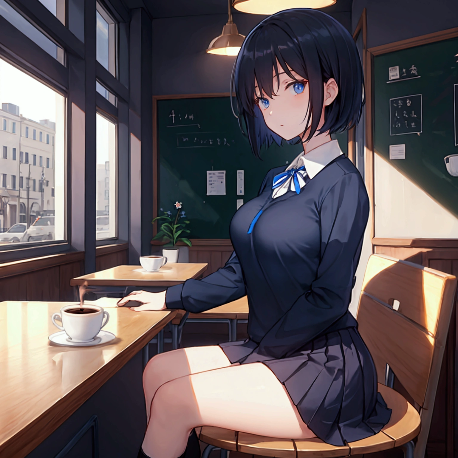 Coffee shop background, school uniform, dark blue uniform, 1woman, solo, dark hair, short hair, shining hair, medium-large breast, sitting behind table, facing viewer, arrogant, 